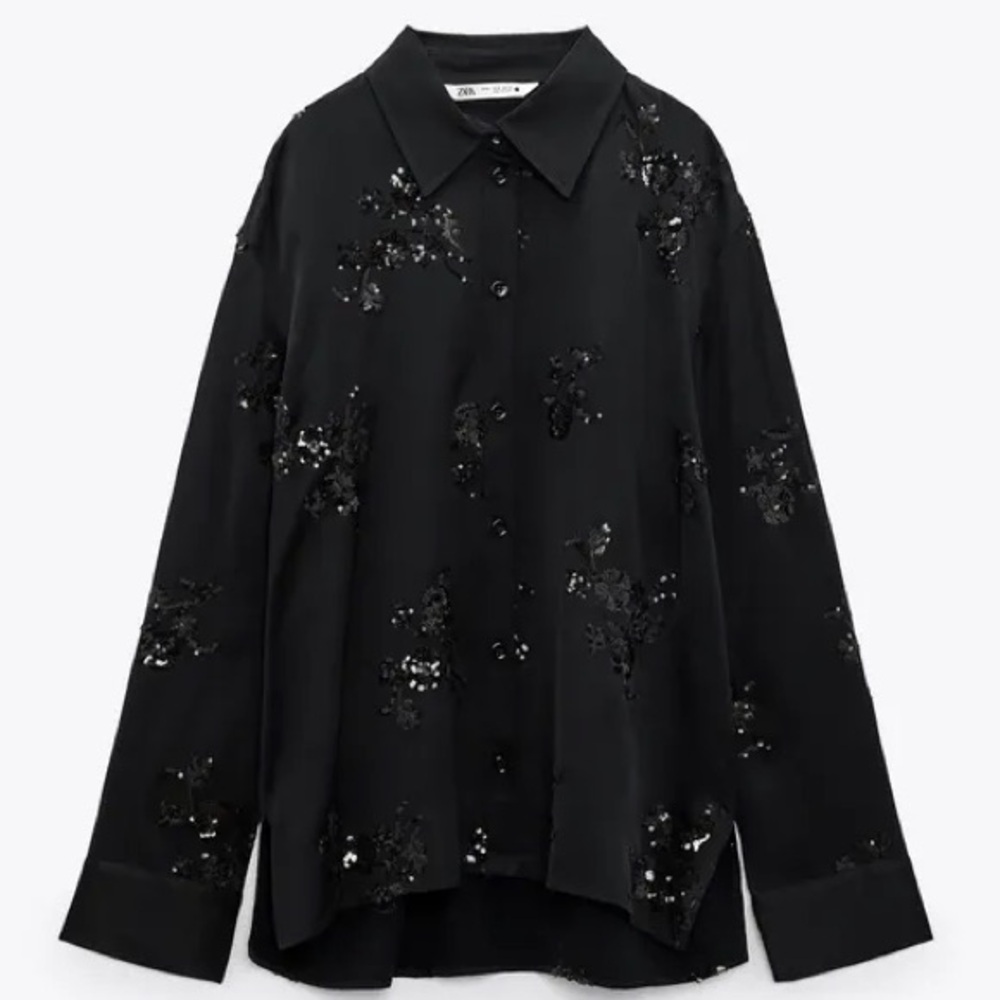 Zara NWOT black sequin satin matching 2 piece set - button shirt & pants - Picture 8 of 15